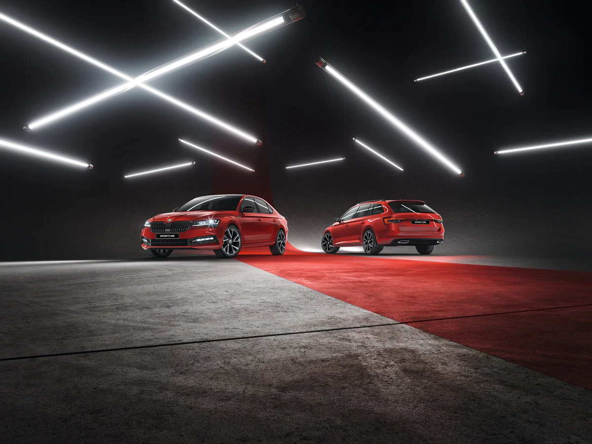 Red Škoda Sportline Range sedan and wagon models