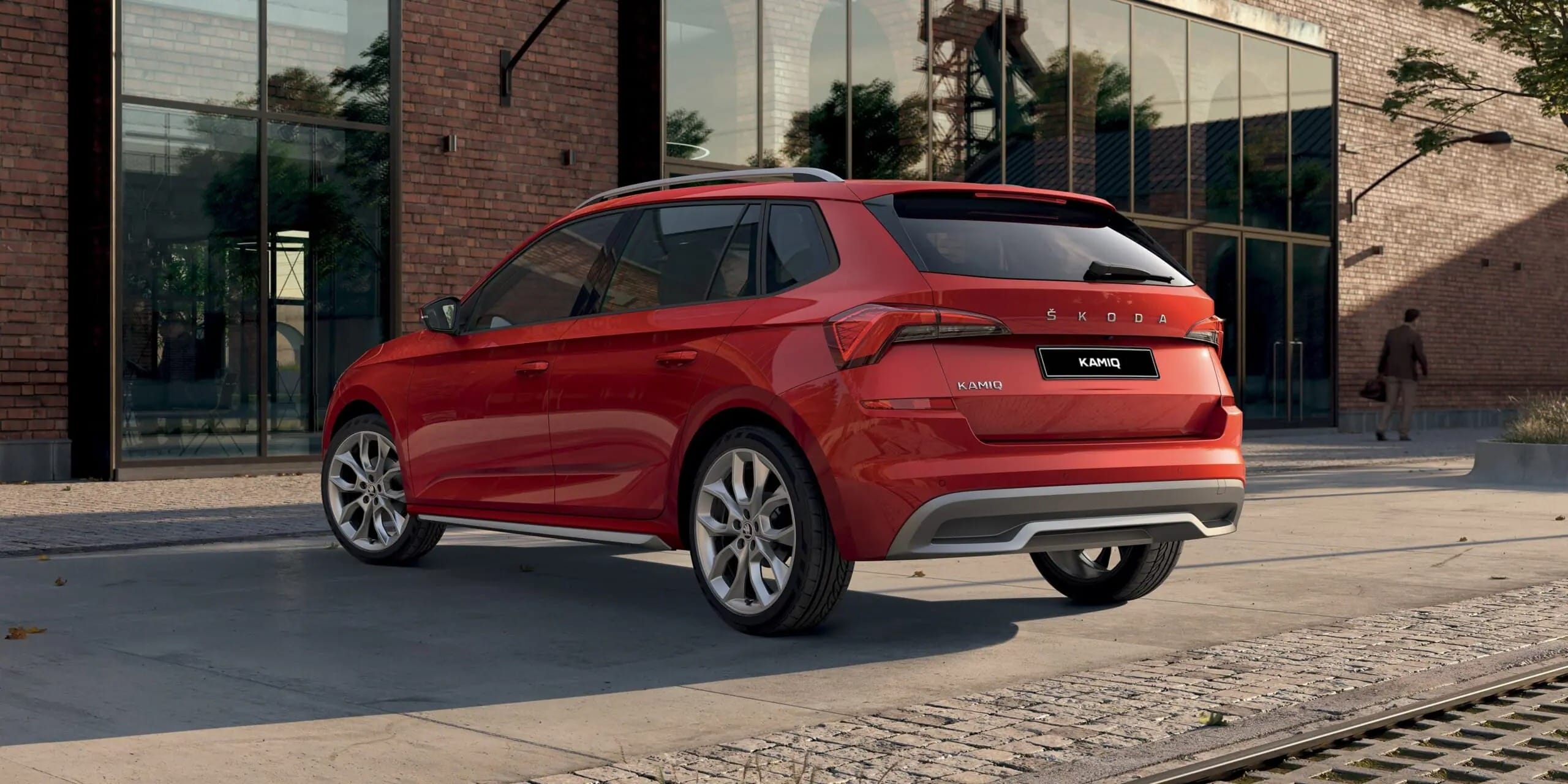 Rear view of a red Škoda Kamiq compact SUV