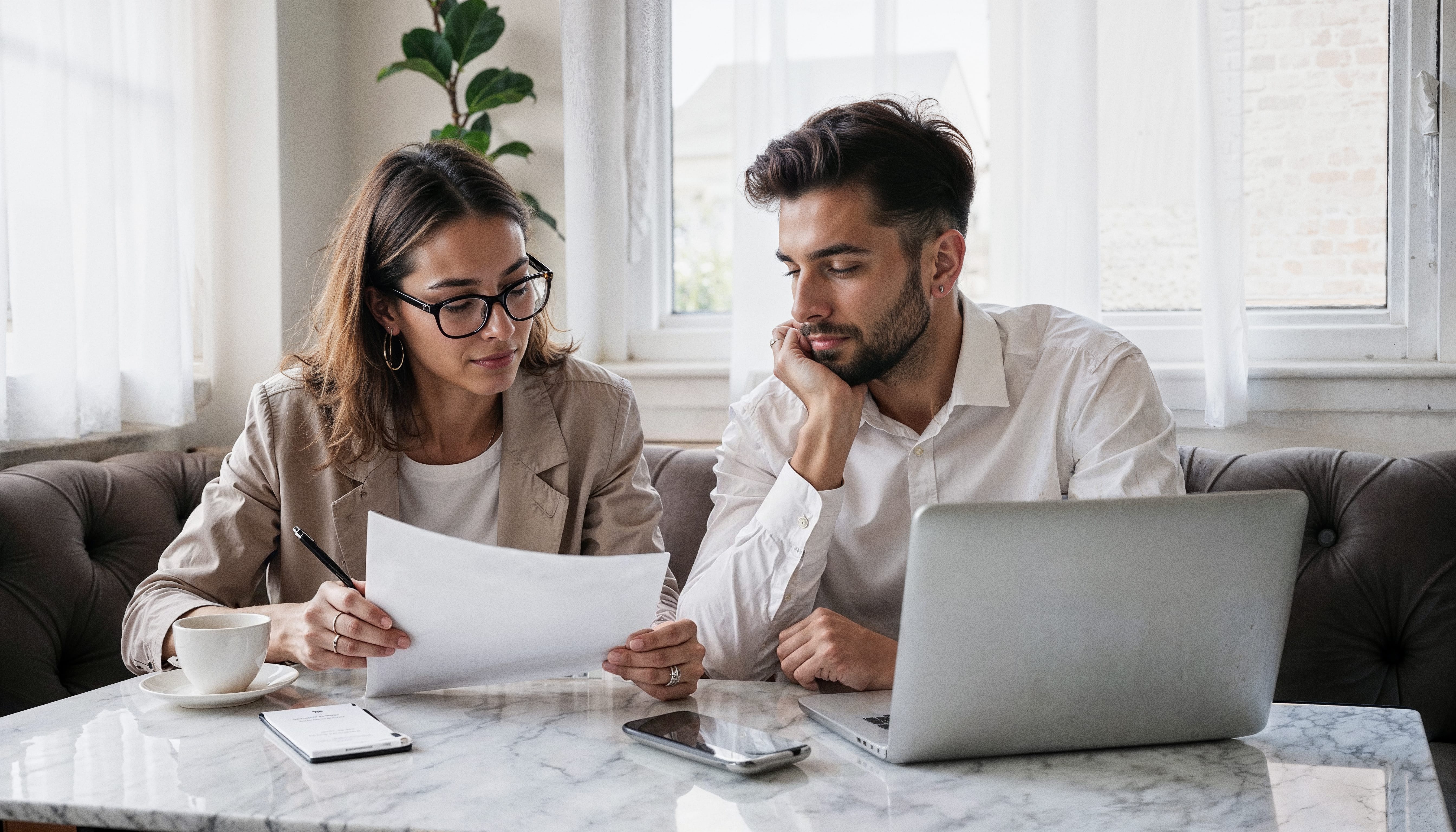 Young couple sitting at a table with a laptop and documents, reviewing car finance or loan options together, representing budget-conscious SUV buyers comparing costs and planning affordable repayments