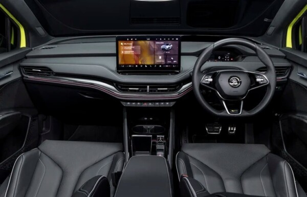 Interior view of a Skoda Enyaq showcasing its modern cabin design